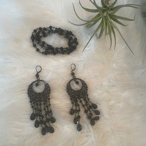 Black Beaded Chandelier Earrings with Matching 18 inch Necklace/Bracelet